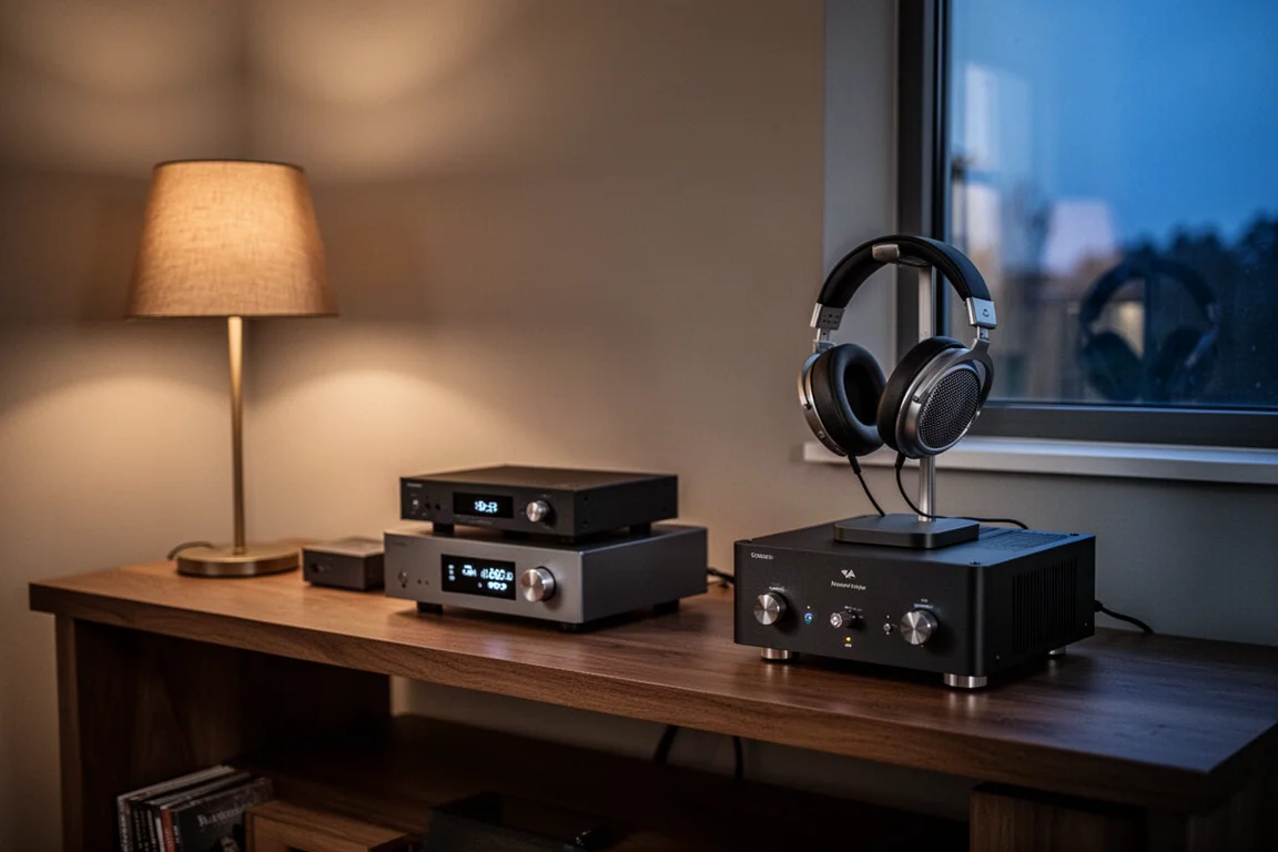 Salle d'écoute calme au crépuscule avec des éléments hi-fi sur une étagère en bois et un casque sur un support