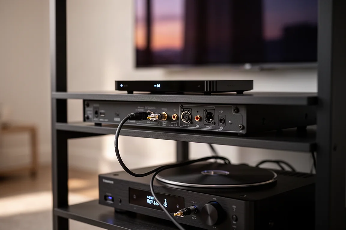 Streamer noir fin sur une étagère hi-fi avec un câble optique relié à un lecteur de disques en dessous
