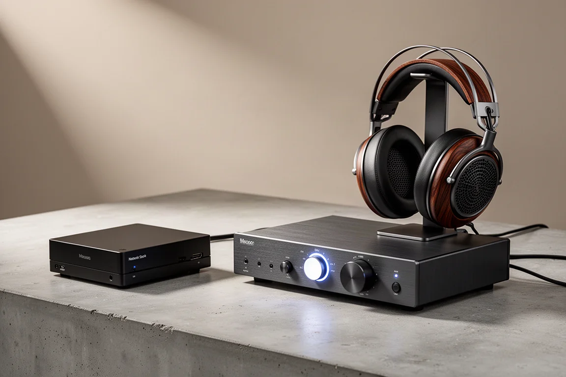 Network streamer, aluminium headphone amplifier, and open-back planar headphones on a concrete surface