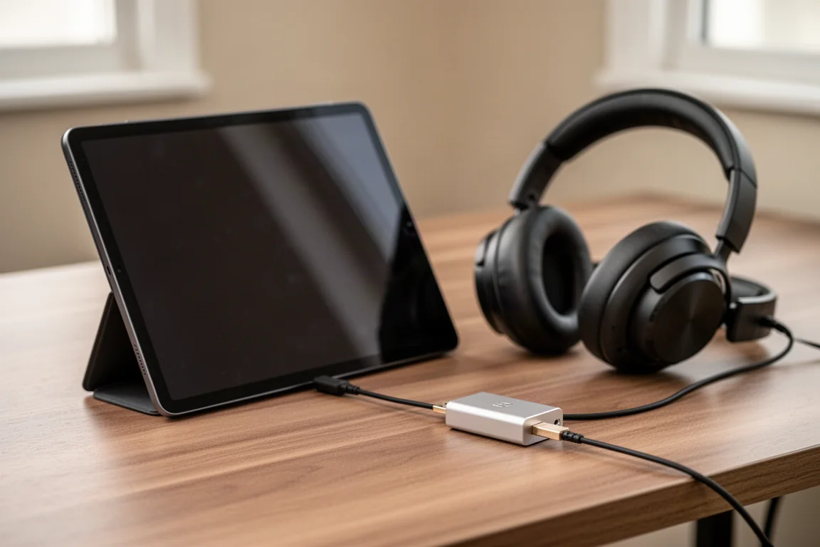 木桌上放著平板電腦、耳機及一個小型金屬 USB DAC 轉接棒