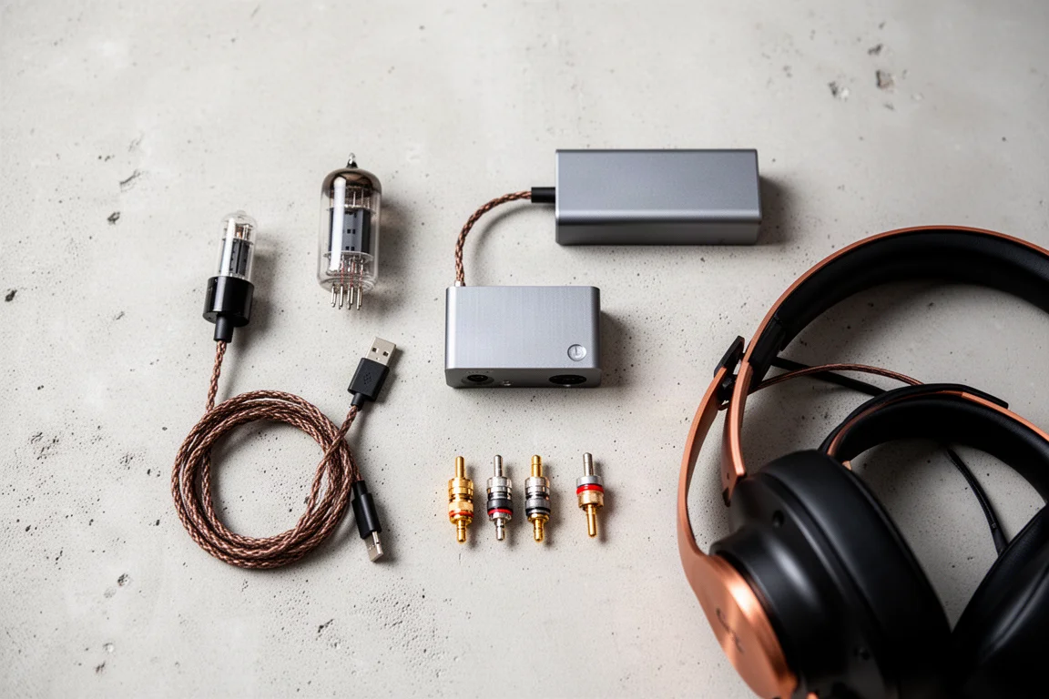 混凝土上俯拍真空管、USB 線、小型 DAC 與耳機的平鋪擺放