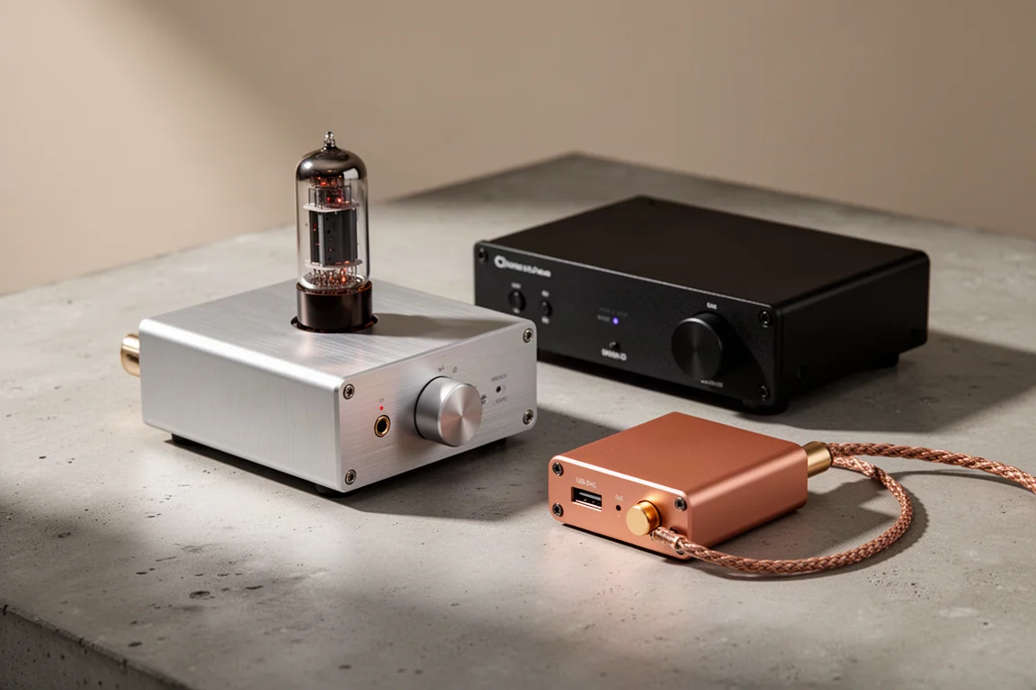 Group of hi-fi components including a tube buffer, compact amplifier and copper USB DAC on concrete