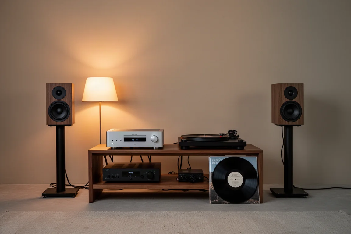 Minimalistischer Hörraum in der Dämmerung mit Hi-Fi-Rack, Plattenspieler und kleinen Regallautsprechern