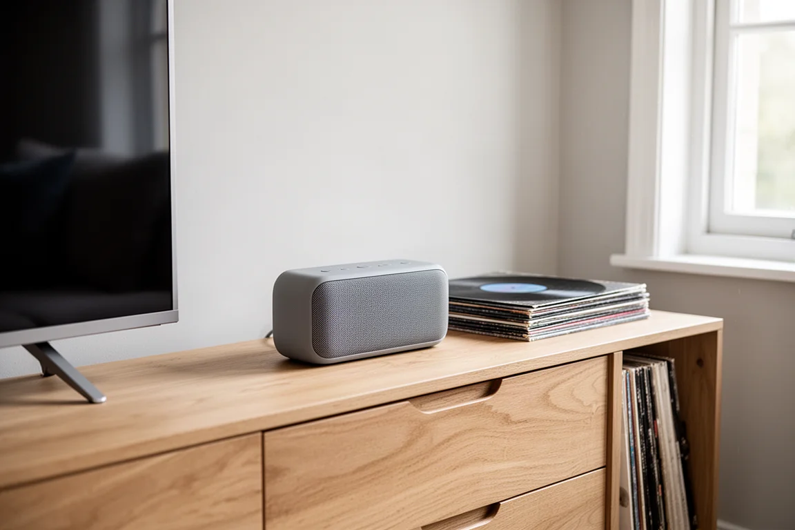 Kompakter Aktivlautsprecher auf einer Eichen-Sideboard neben einem Fernseher und einem Stapel Schallplatten