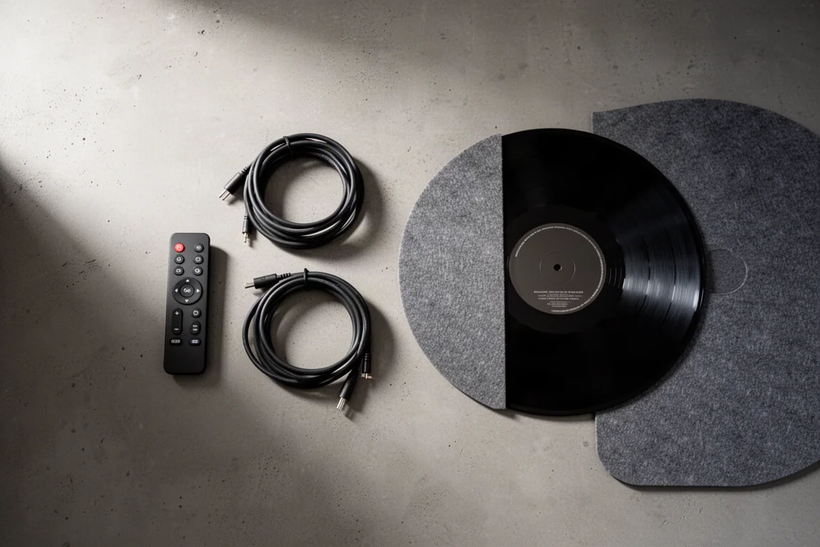 Draufsicht auf Fernbedienungen, Lautsprecherkabel, eine Vinylschallplatte und eine Slipmat auf Beton