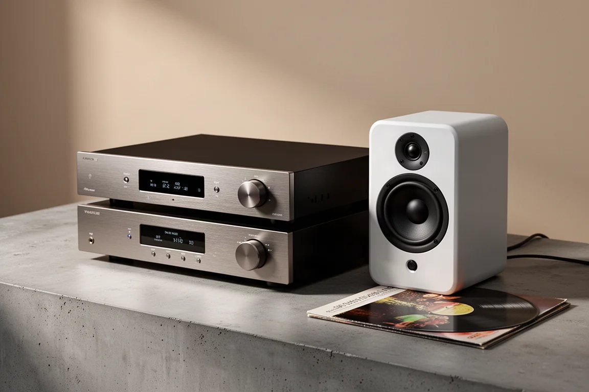 Hi-fi separates and a compact powered speaker arranged on a concrete surface