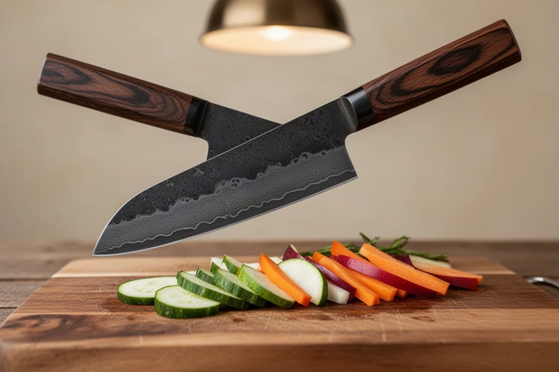 Santoku z wykończeniem kurouchi i ciemną egzotyczną drewnianą rękojeścią nad deską do przygotowywania