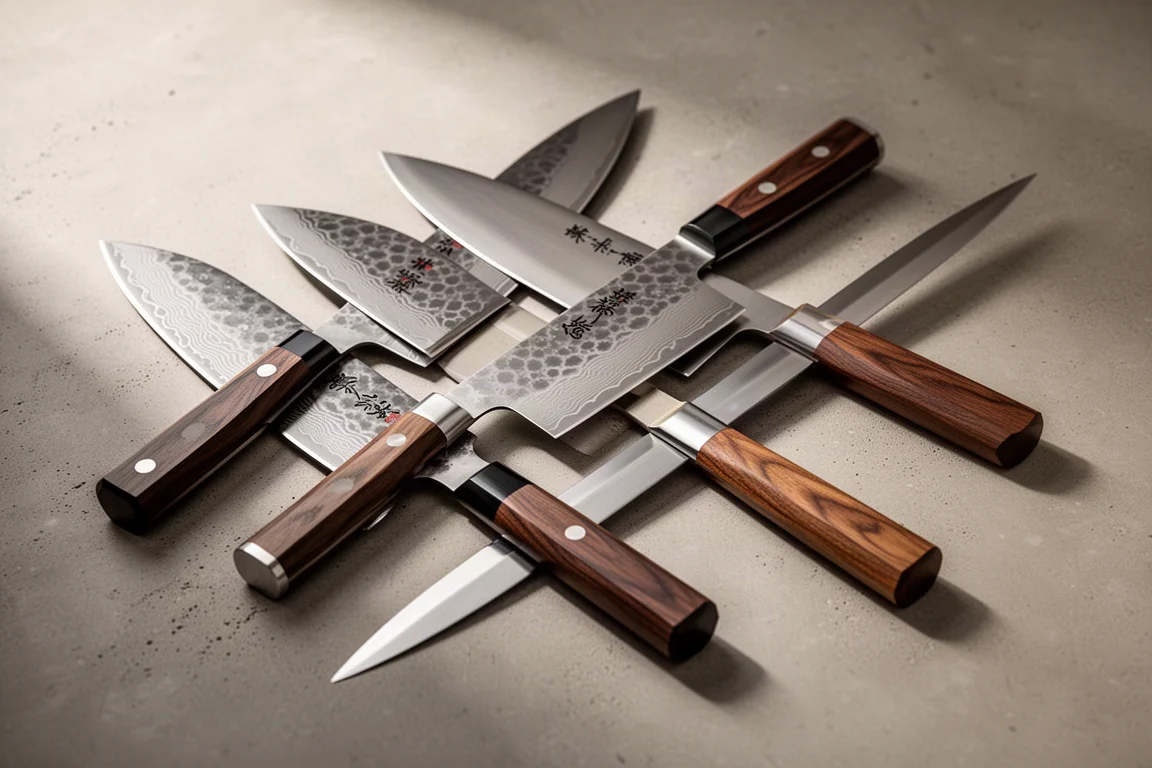 Assortment of Japanese kitchen knives with varied finishes and handles arranged on concrete