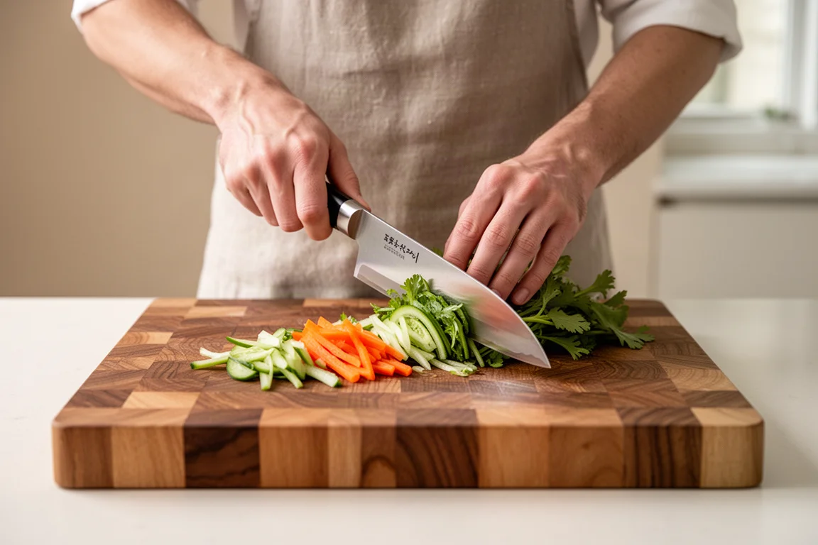 Uno chef affetta verdure su un tagliere di legno in una cucina luminosa