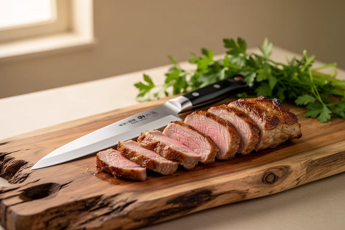 Coltello giapponese lungo per affettare appoggiato accanto a carne arrostita su una tavola di legno