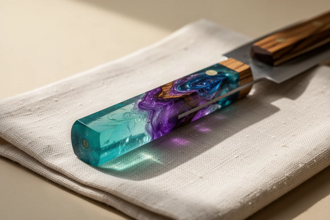 Coltello giapponese con manico custom in resina color turchese in luce soffusa