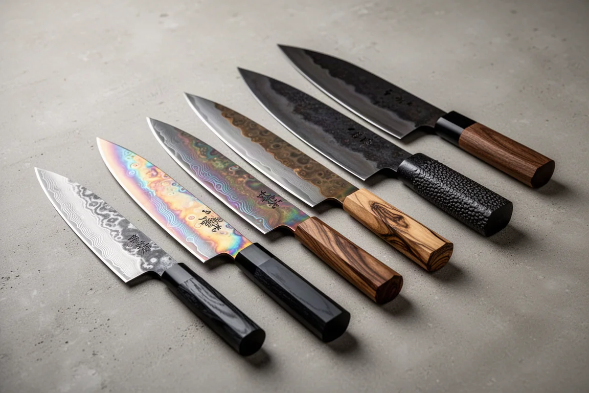 Collection of Japanese kitchen knives with varied finishes and handles on a concrete surface