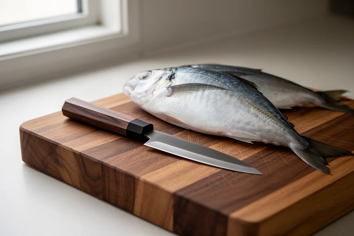 Piccolo coltello giapponese da macellazione appoggiato accanto a pesce fresco su un tagliere di legno