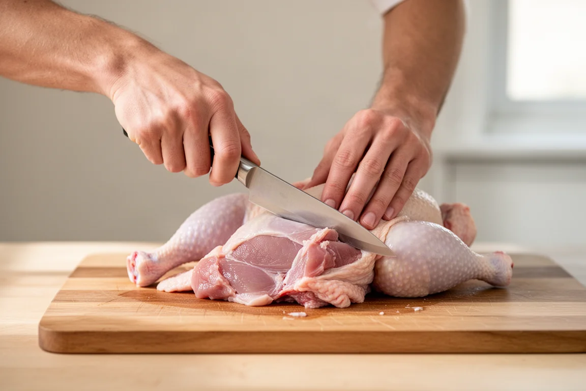 Un cuoco usa un coltello petty per sgrassare un volatile sul piano di lavoro della cucina