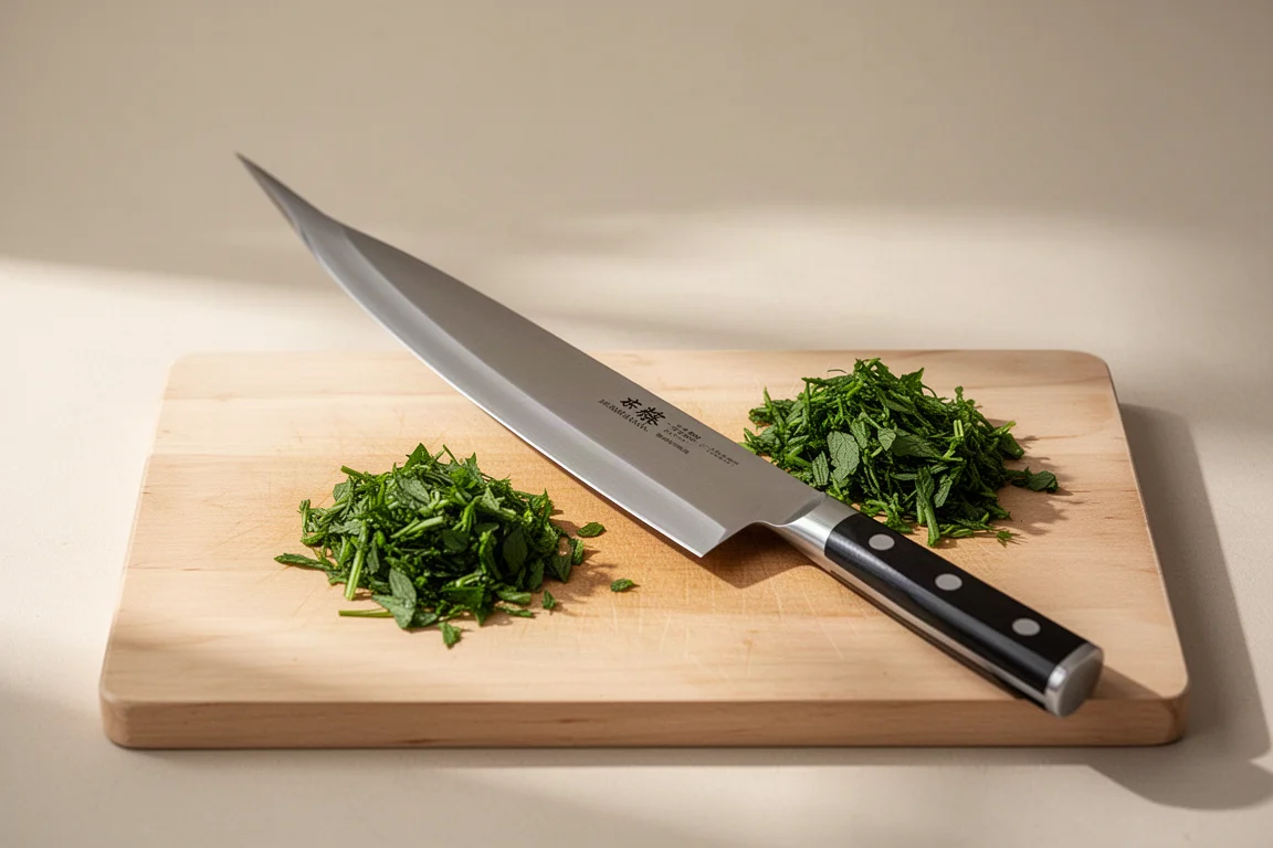 Coltello bunka dal dorso alto appoggiato su un tagliere con erbe fresche