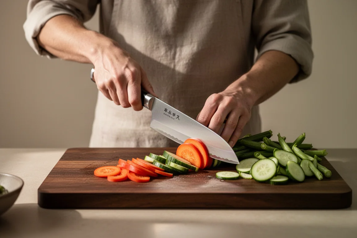 Cuoco casalingo affetta verdure con un gyuto inossidabile sul piano di lavoro della cucina