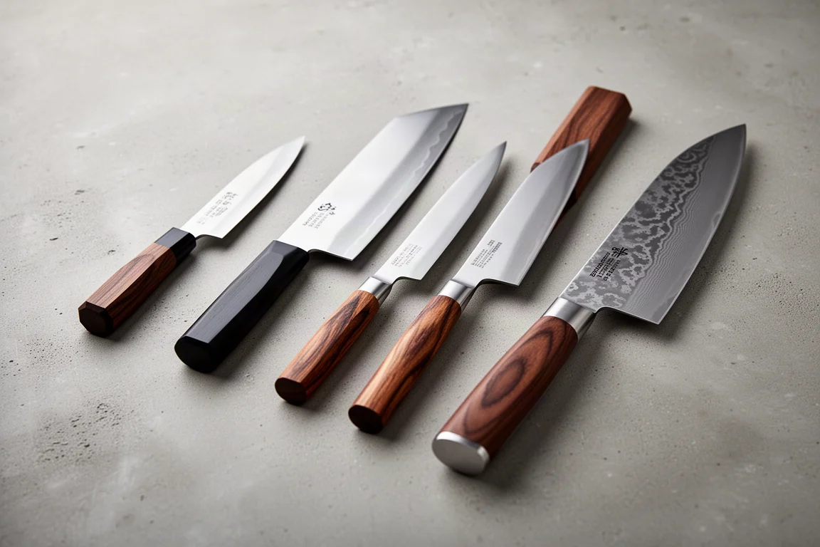 Six Japanese kitchen knives arranged on a matte concrete surface