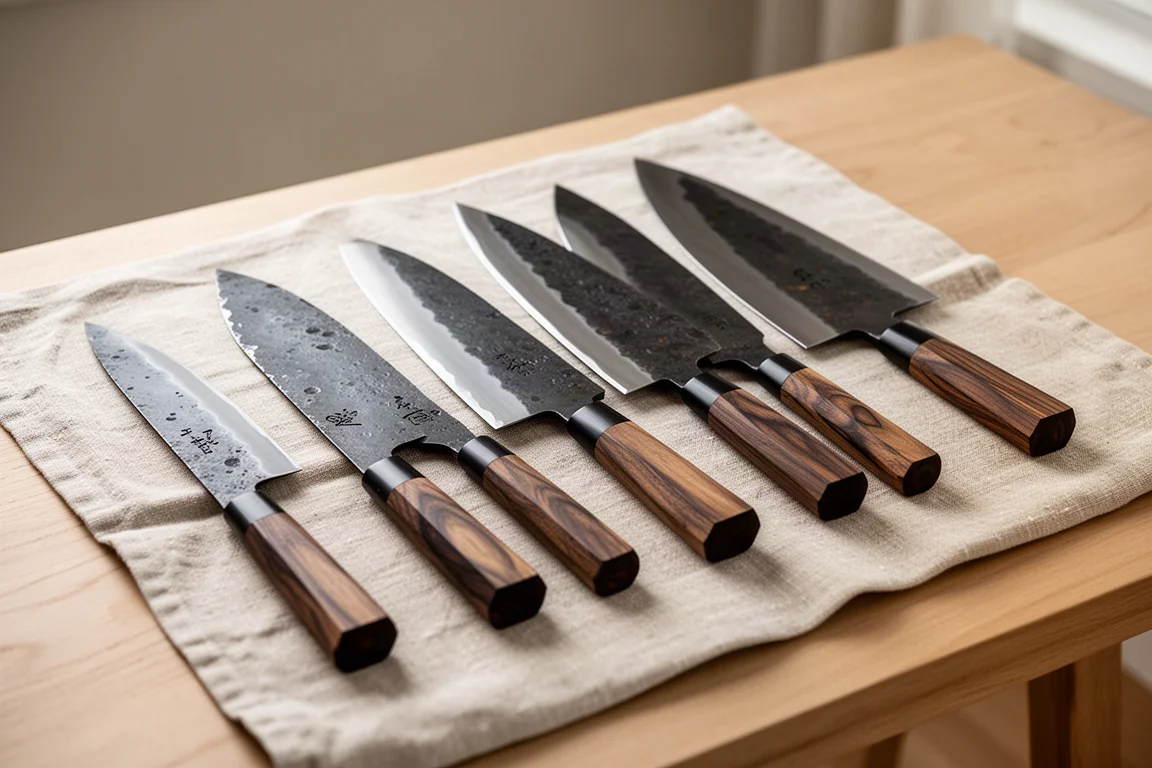 Reihe handgeschmiedeter Küchenmesser mit rustikalem Finish auf Leinentuch