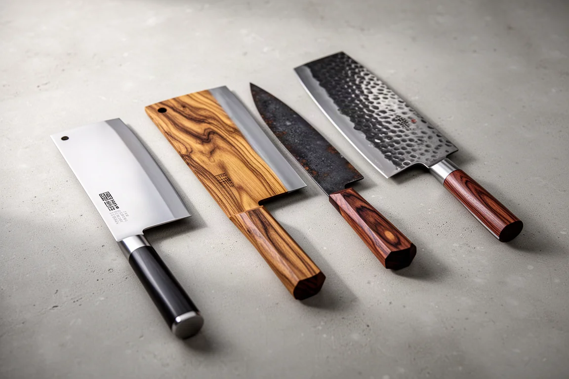 Five Japanese kitchen knives arranged in a row on a concrete surface