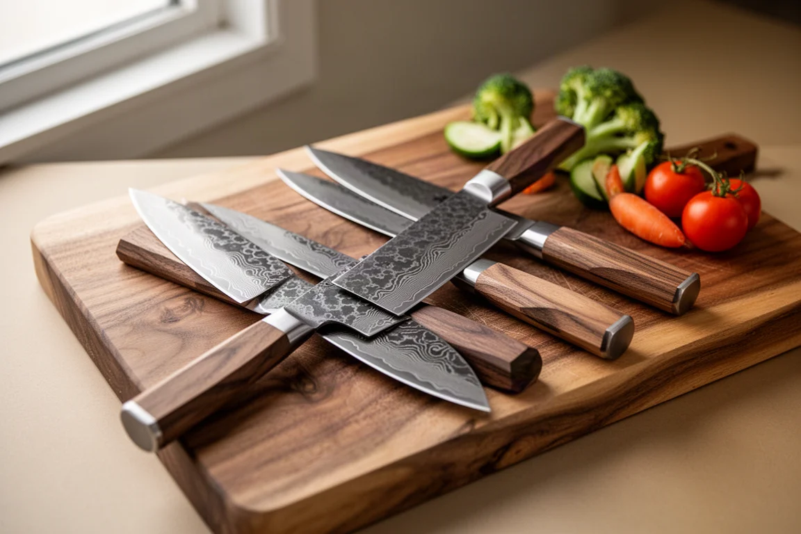 Japanese santoku and petty knives with Damascus finish on a walnut cutting board