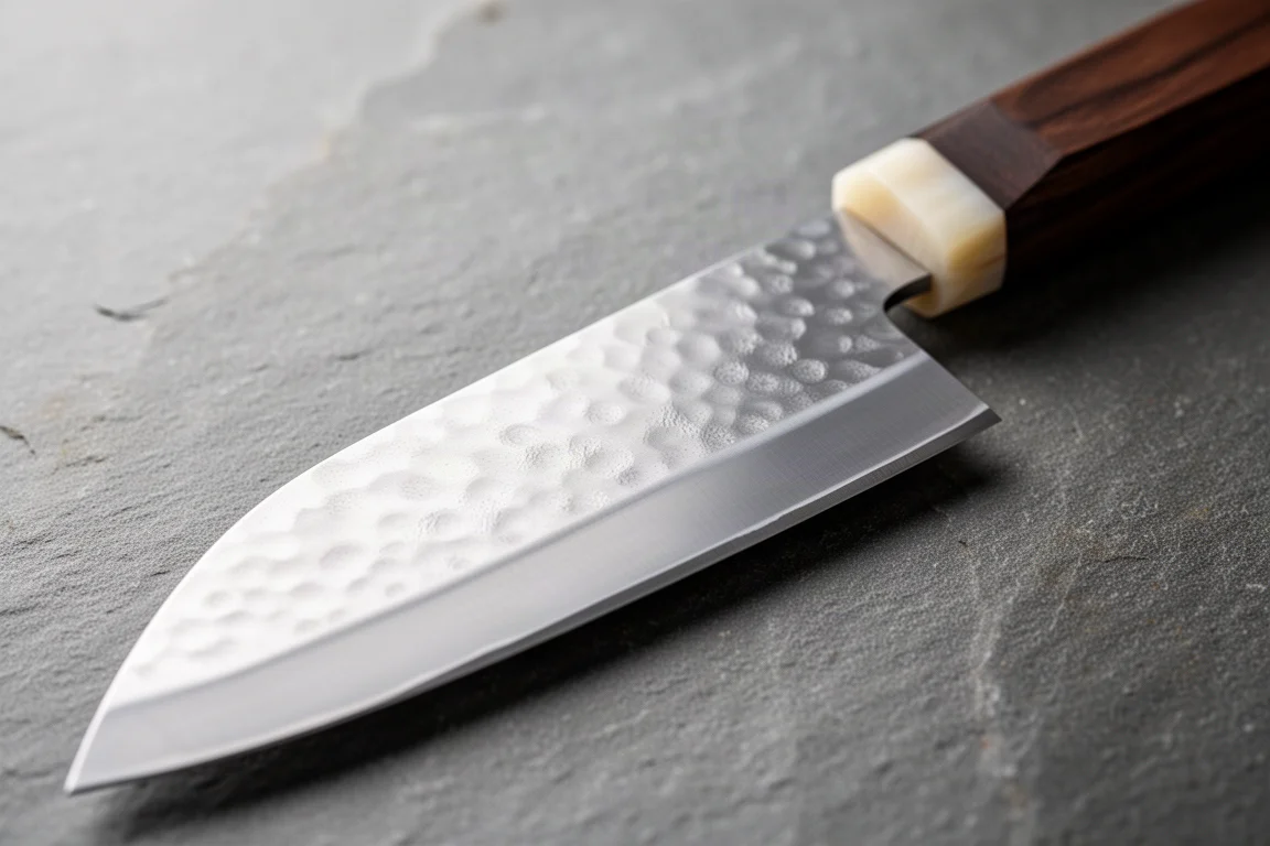 Close-up of a K-tip gyuto blade with nashiji finish and stainless cladding