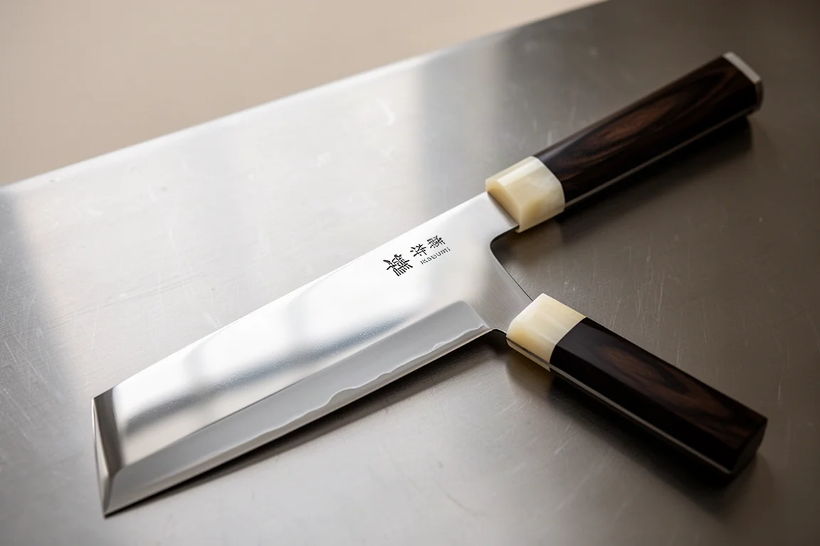 Wide nakiri blade with near-mirror Kasumi finish reflecting soft light