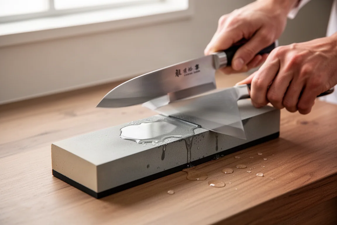 Chef sharpening a Japanese knife on whetstones in a bright kitchen