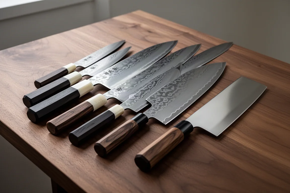 Lineup of Japanese kitchen knives with Damascus and Kasumi finishes on a walnut surface