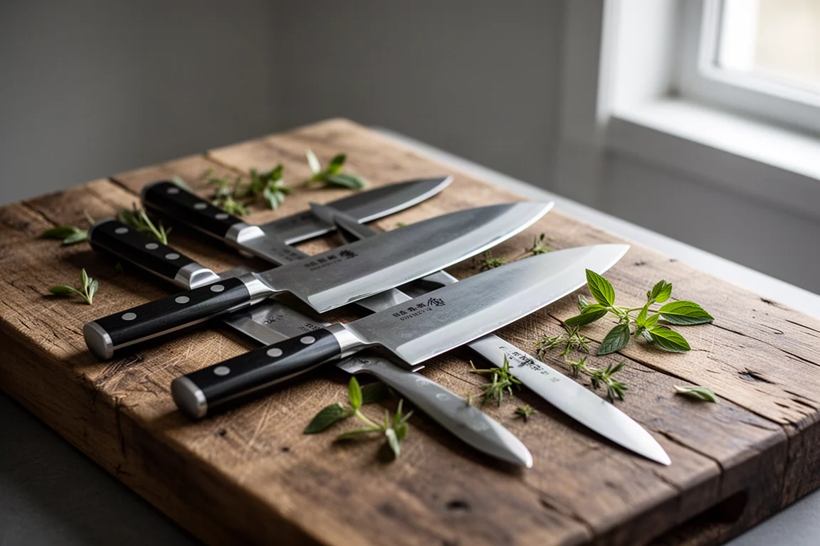 Japanse keukenmessen op een houten snijplank in een keuken