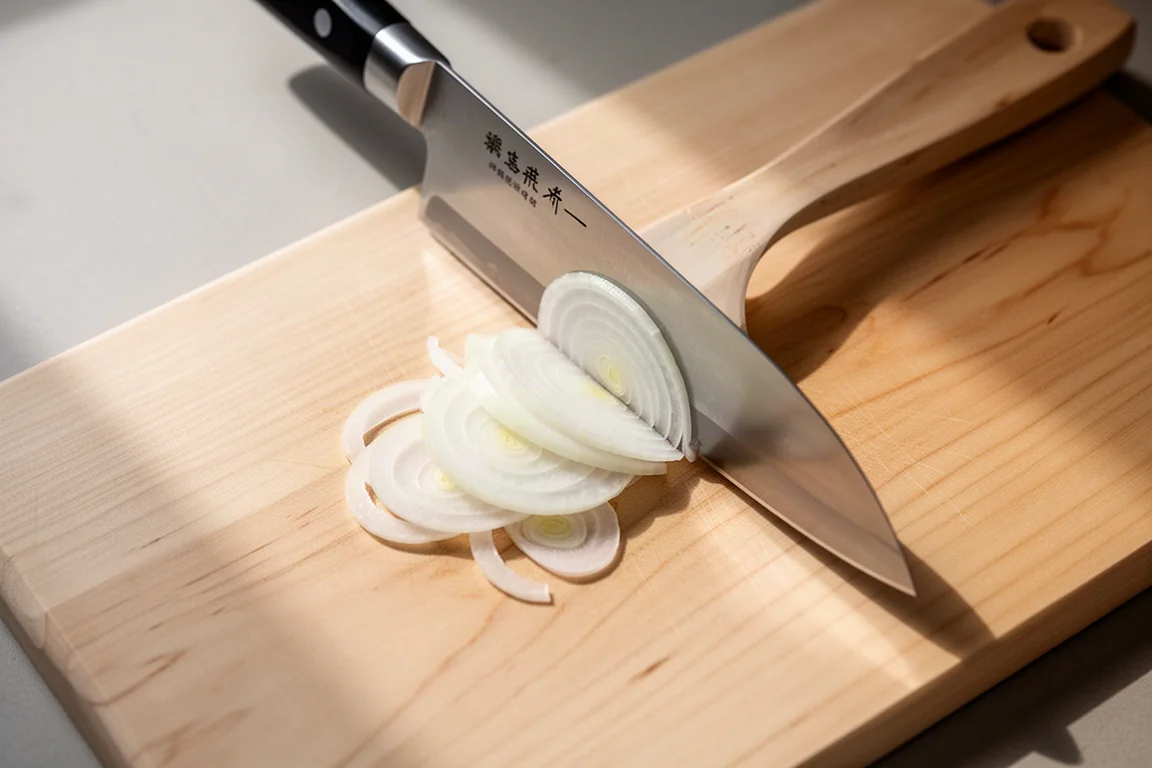 Chef snijdt groenten op een snijplank met een hoge gyuto