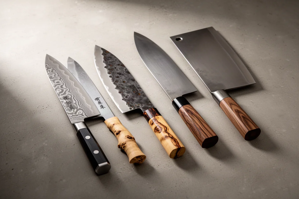 Collection of Japanese kitchen knives including damascus gyuto, kuruchi knife, deba, and cleaver on concrete