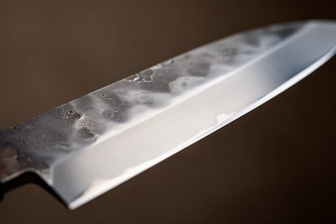 霞面處理特寫,呈現霧面軟鐵外層過渡到拋光刃芯鋼的層次