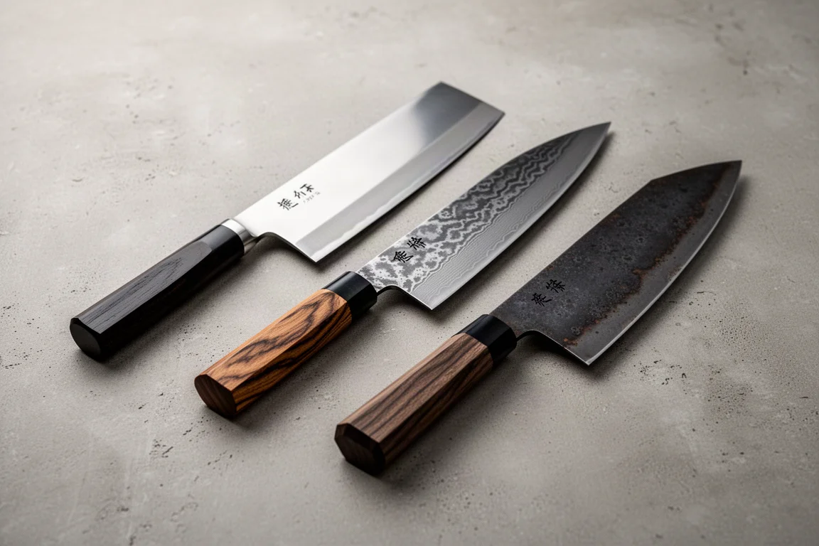 Sammlung japanischer Küchenmesser, darunter Kasumi-Nakiri und Damascus-Sujihiki, auf Beton