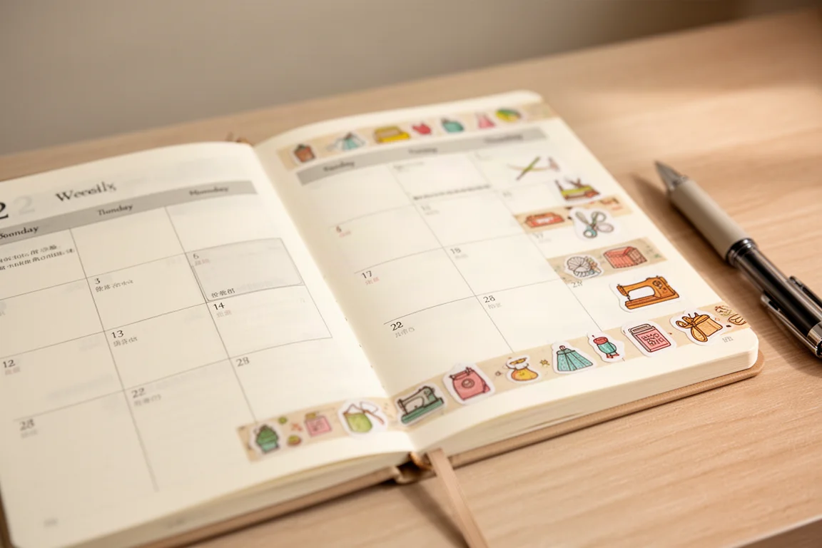 Open agenda versierd met smalle geïllustreerde washi-tape strips en stickers