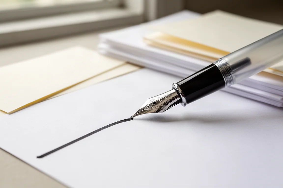Vulpen schrijvend op glad wit losbladig papier in zacht daglicht