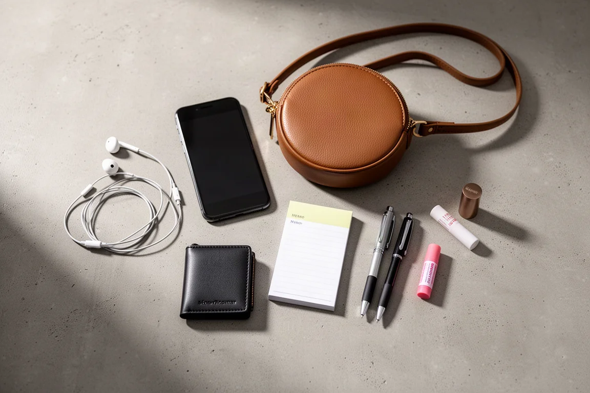 Inhoud van crossbody-tas uitgestald: smartphone, portemonnee, notitieblok en pennen