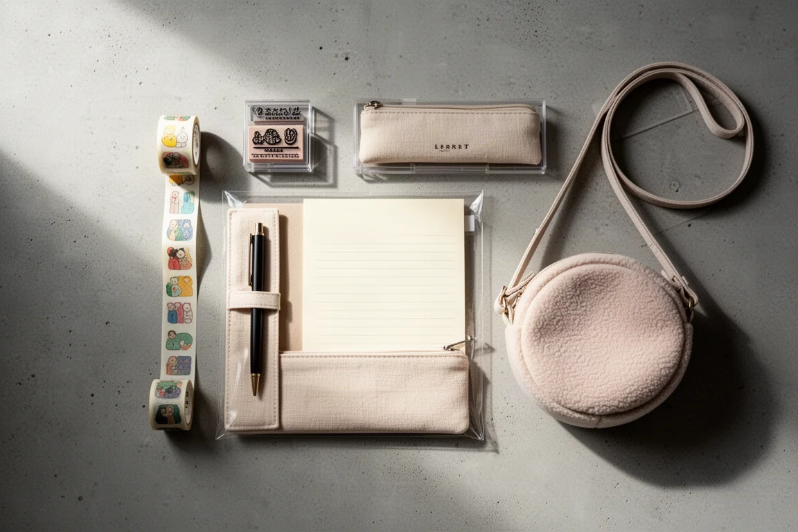 Flat-lay of washi tape, stamps, loose leaf paper, pen case, and a small crossbody bag