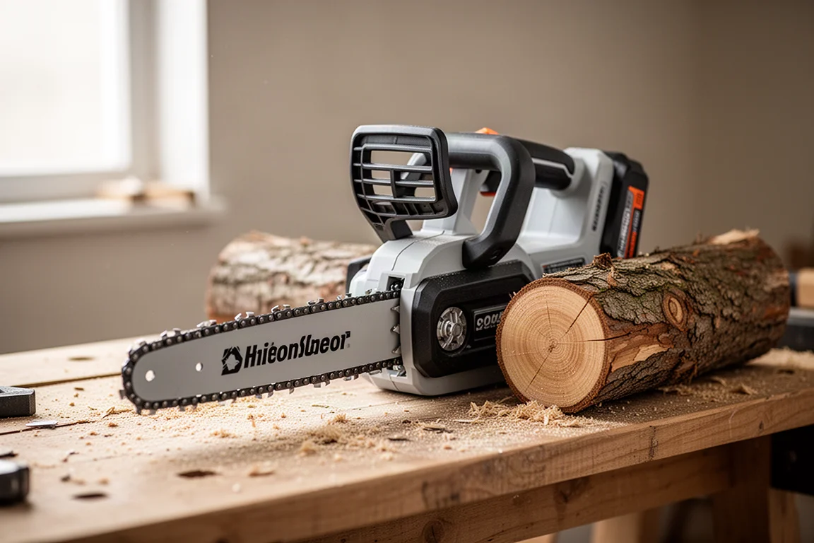 Top-handle cordless chainsaw resting on a sawdust-covered workbench