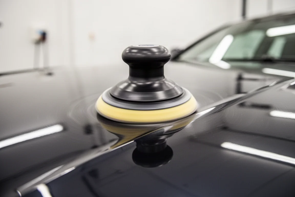 Polishing pad spinning over a car panel in a detailing studio