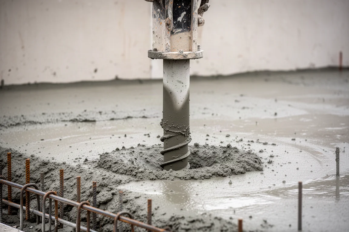 Concrete vibrator shaft inserted into fresh concrete on a job site