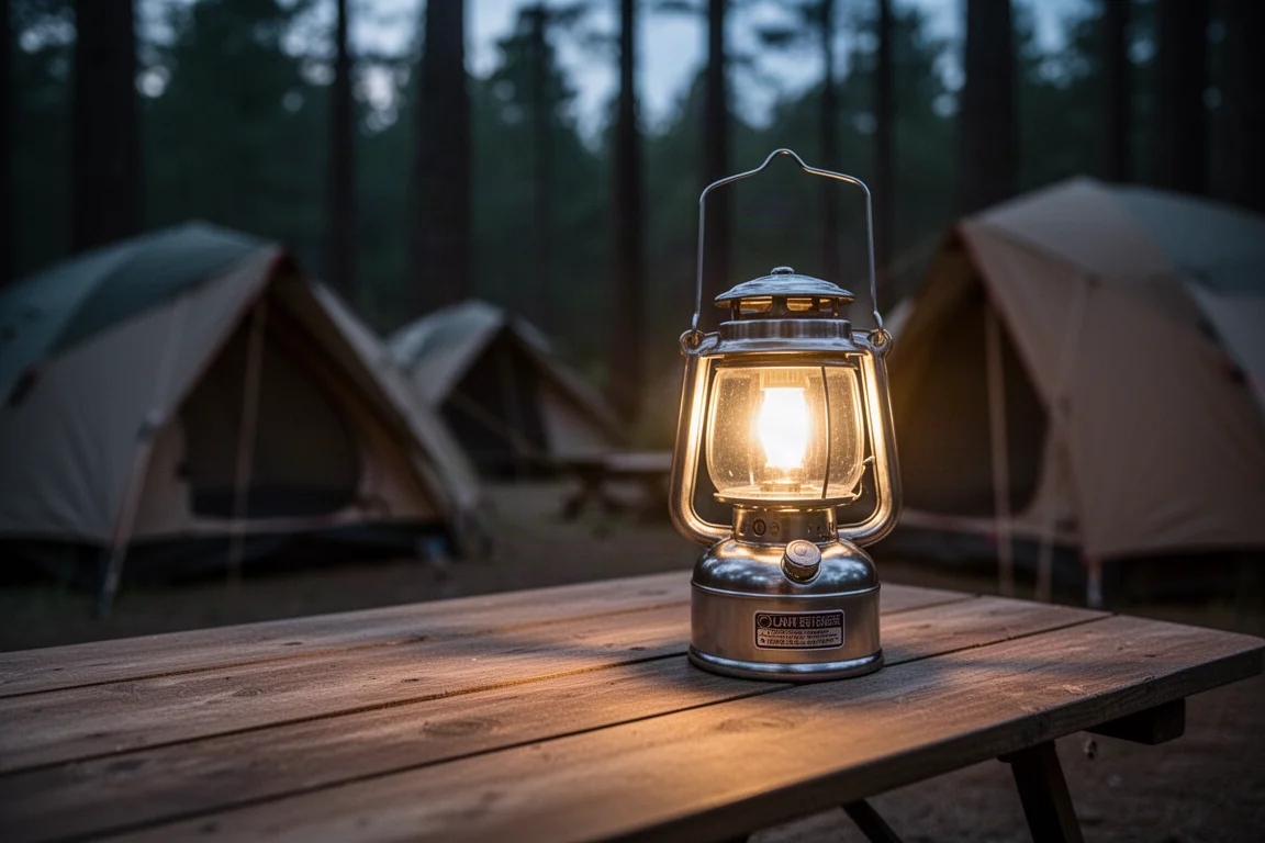 Retro-style camping lantern clipped to a battery on a campsite table at dusk