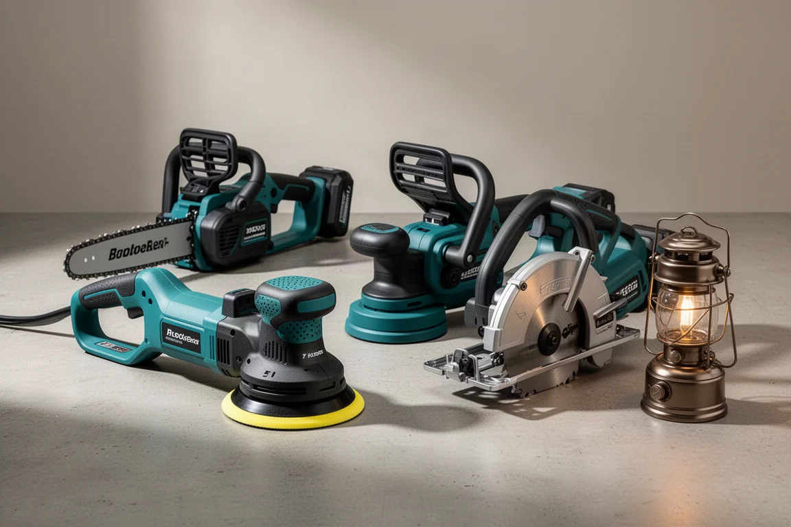 Group of Makita 40V power tools including a chainsaw, polisher, metal cutting saw and lantern on concrete