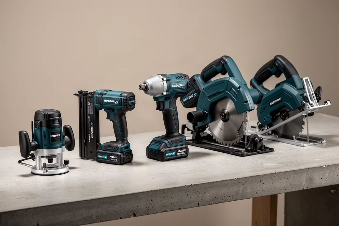 Lineup of Makita 40V cordless power tools on a concrete workbench