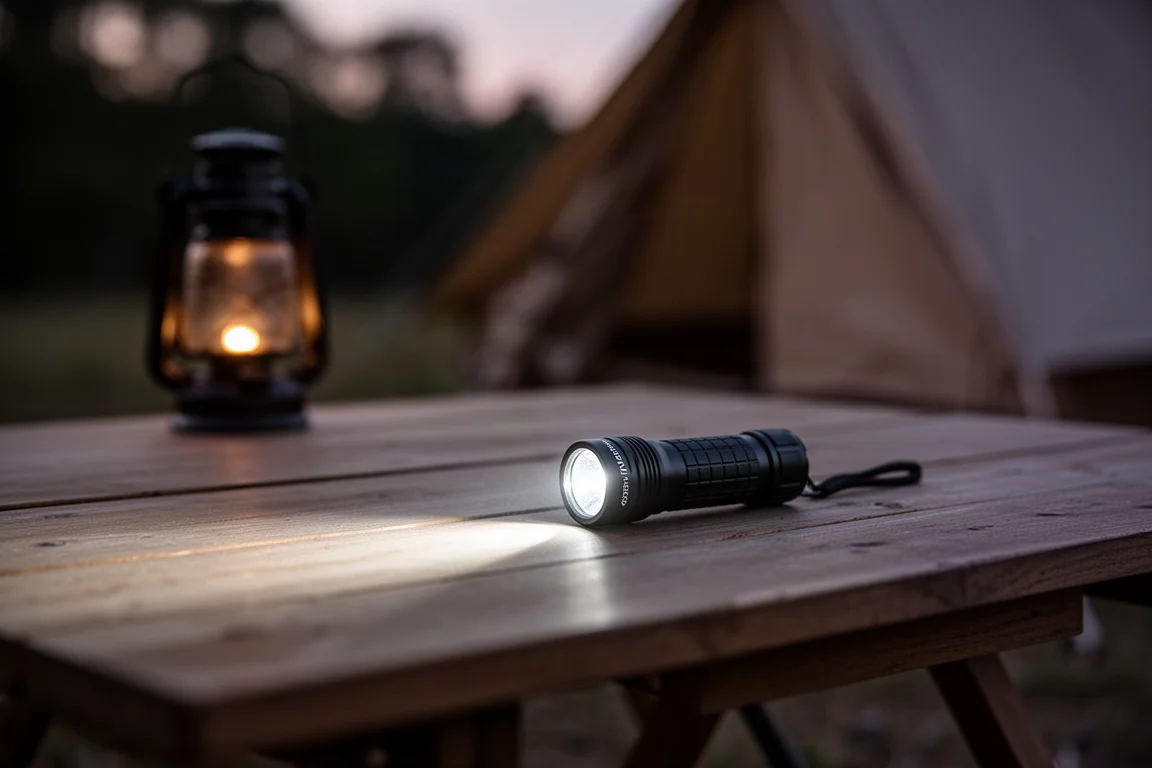 緊湊型 LED 手電筒在黃昏時分投射柔和的中性白光於帳篷上