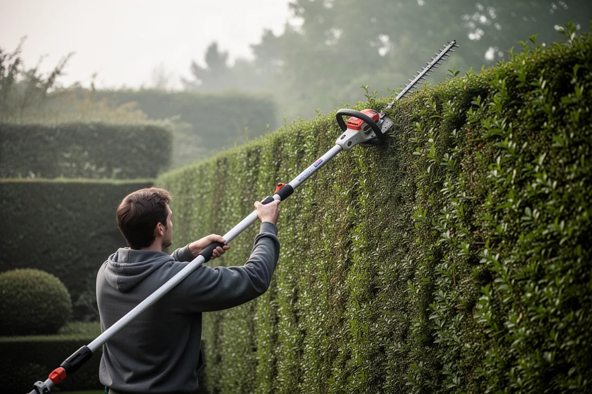 Landschaftsgärtner schneidet eine hohe Hecke mit einer Teleskop-Heckenschere bei weichem Tageslicht
