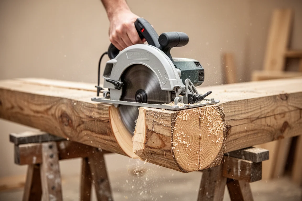 Top-Handle-Kreissäge schneidet einen dicken Holzpfahl auf einem Sägebock