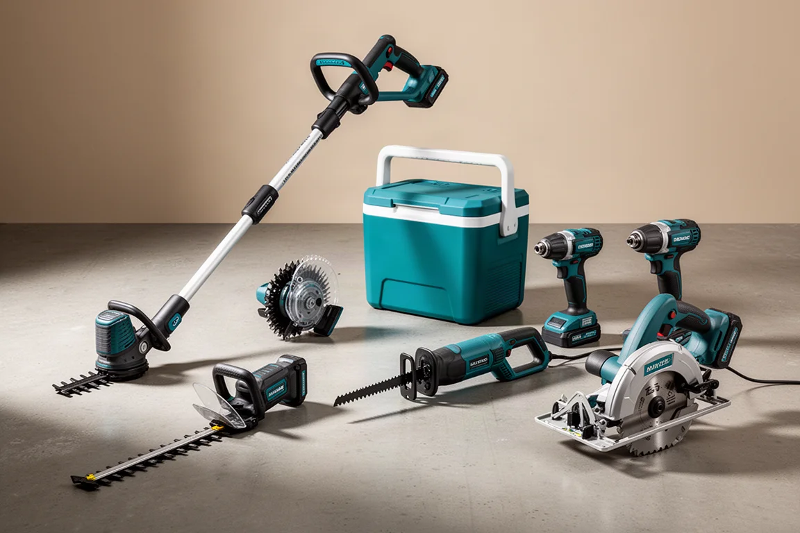 現代無線 Makita 風格電動工具集合,整齊排列在混凝土地板上