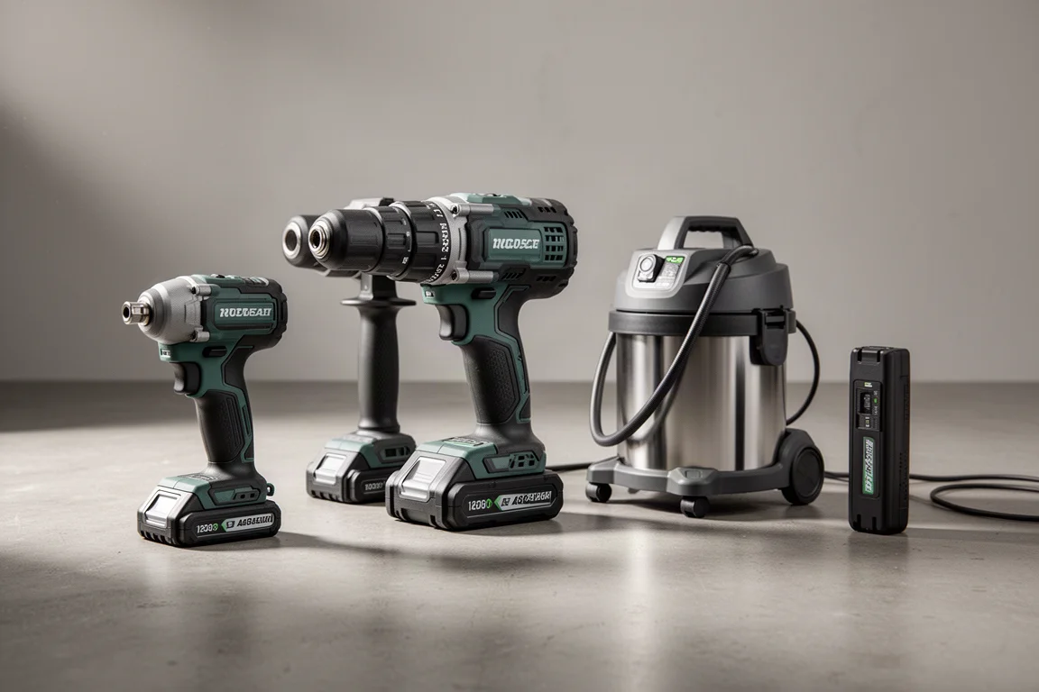Lineup of new Metabo HPT cordless power tools on a concrete workshop floor