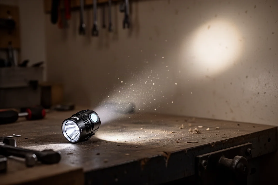 Linterna recargable compacta proyectando un haz enfocado a través de un taller oscuro