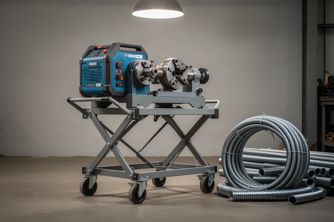 Máquina roscadora de tubos instalada sobre un soporte plegable en un taller
